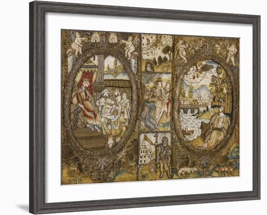 A Needlework Book Binding Depicting Religious Scenes with a Seated King and an Angel-null-Framed Giclee Print