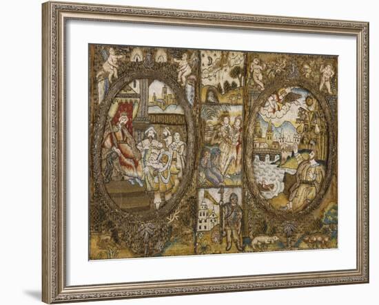 A Needlework Book Binding Depicting Religious Scenes with a Seated King and an Angel-null-Framed Giclee Print