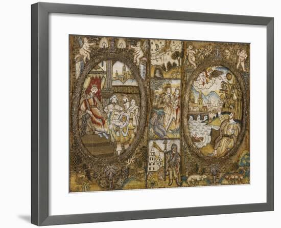 A Needlework Book Binding Depicting Religious Scenes with a Seated King and an Angel-null-Framed Giclee Print