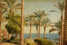 Retro Image Of Beach With Date Palms Amid The Blue Sea And Sky. Paper Texture-A_nella-Art Print