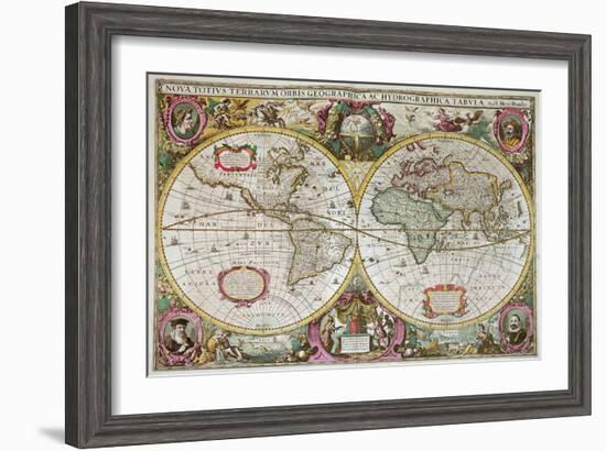 A New Land and Water Map of the Entire Earth, 1630-Henricus Hondius-Framed Giclee Print