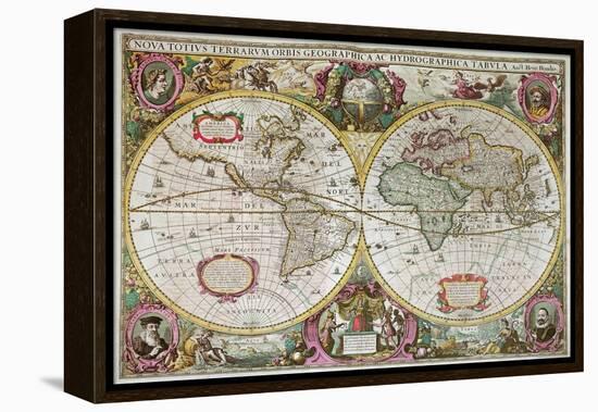 A New Land and Water Map of the Entire Earth, 1630-Henricus Hondius-Framed Premier Image Canvas