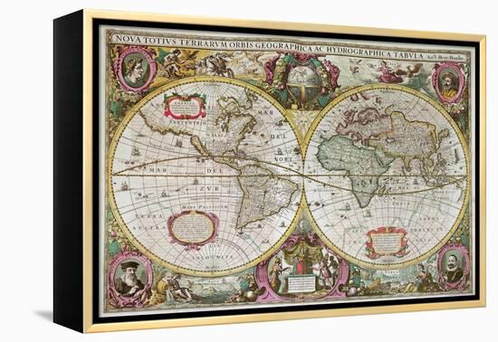 A New Land and Water Map of the Entire Earth, 1630-Henricus Hondius-Framed Premier Image Canvas