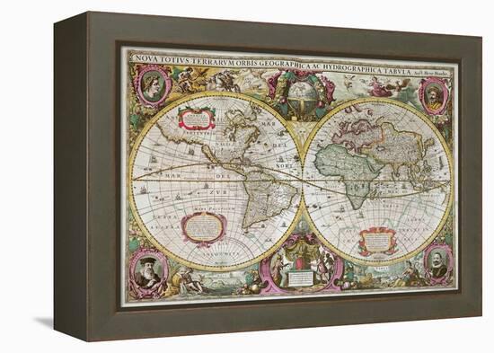 A New Land and Water Map of the Entire Earth, 1630-Henricus Hondius-Framed Premier Image Canvas
