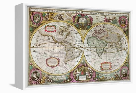 A New Land and Water Map of the Entire Earth, 1630-Henricus Hondius-Framed Premier Image Canvas