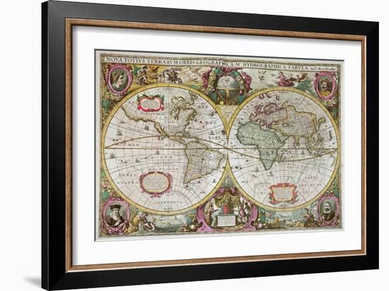 A New Land and Water Map of the Entire Earth, 1630-Henricus Hondius-Framed Giclee Print