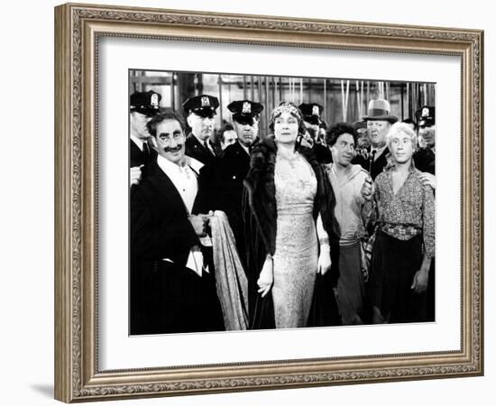 A Night at the Opera, Groucho Marx, Margaret Dumont, Chico Marx, Robert O'Connor, Harpo Marx, 1935-null-Framed Photo