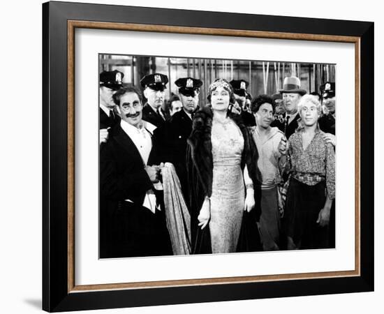 A Night at the Opera, Groucho Marx, Margaret Dumont, Chico Marx, Robert O'Connor, Harpo Marx, 1935-null-Framed Photo