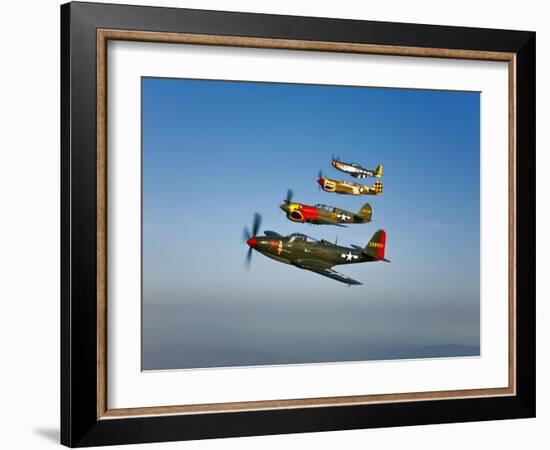 A P-36 Kingcobra, Two Curtiss P-40N Warhawks, and a P-51D Mustang in Flight-Stocktrek Images-Framed Photographic Print