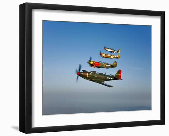 A P-36 Kingcobra, Two Curtiss P-40N Warhawks, and a P-51D Mustang in Flight-Stocktrek Images-Framed Photographic Print