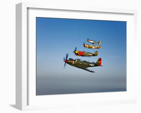 A P-36 Kingcobra, Two Curtiss P-40N Warhawks, and a P-51D Mustang in Flight-Stocktrek Images-Framed Photographic Print