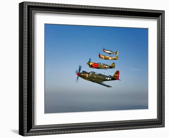 A P-36 Kingcobra, Two Curtiss P-40N Warhawks, and a P-51D Mustang in Flight-Stocktrek Images-Framed Photographic Print