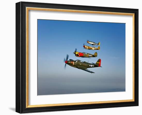 A P-36 Kingcobra, Two Curtiss P-40N Warhawks, and a P-51D Mustang in Flight-Stocktrek Images-Framed Photographic Print