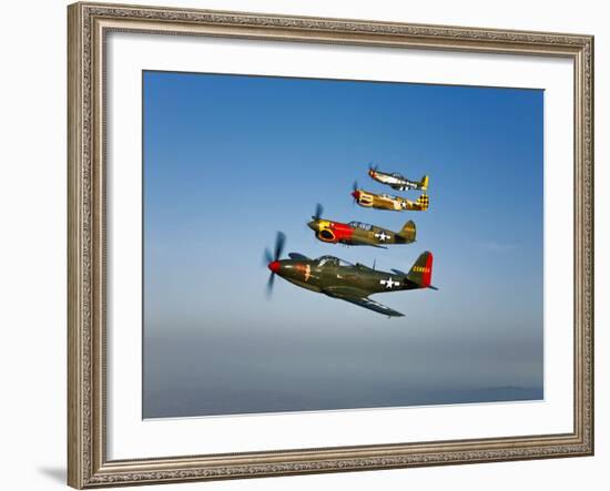 A P-36 Kingcobra, Two Curtiss P-40N Warhawks, and a P-51D Mustang in Flight-Stocktrek Images-Framed Photographic Print