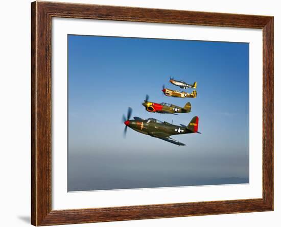 A P-36 Kingcobra, Two Curtiss P-40N Warhawks, and a P-51D Mustang in Flight-Stocktrek Images-Framed Photographic Print