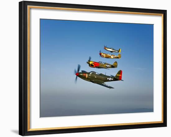 A P-36 Kingcobra, Two Curtiss P-40N Warhawks, and a P-51D Mustang in Flight-Stocktrek Images-Framed Photographic Print