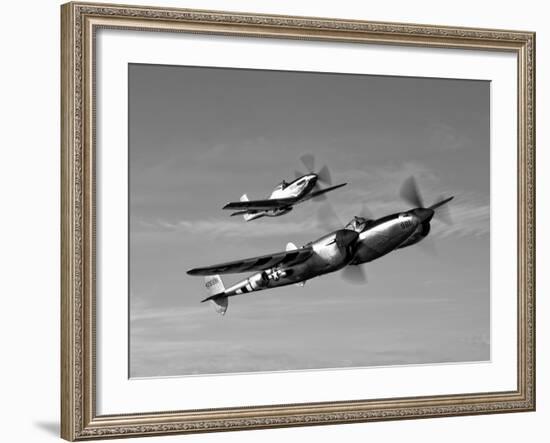 A P-38 Lightning and P-51D Mustang in Flight-Stocktrek Images-Framed Photographic Print