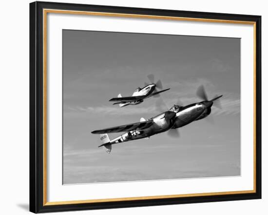 A P-38 Lightning and P-51D Mustang in Flight-Stocktrek Images-Framed Photographic Print