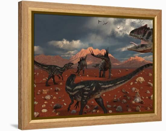 A Pack of Allosaurus Dinosaurs Track Down a Pair of Stegosaurus-Stocktrek Images-Framed Premier Image Canvas