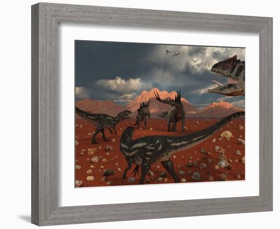 A Pack of Allosaurus Dinosaurs Track Down a Pair of Stegosaurus-Stocktrek Images-Framed Photographic Print