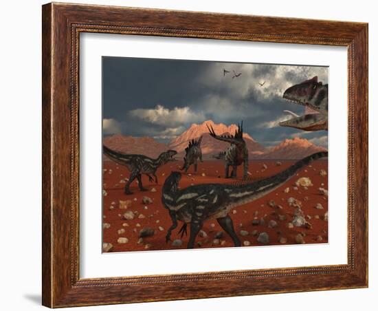 A Pack of Allosaurus Dinosaurs Track Down a Pair of Stegosaurus-Stocktrek Images-Framed Photographic Print
