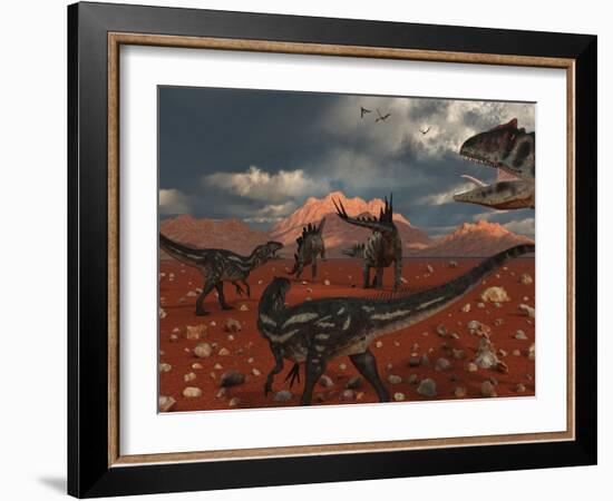 A Pack of Allosaurus Dinosaurs Track Down a Pair of Stegosaurus-Stocktrek Images-Framed Photographic Print