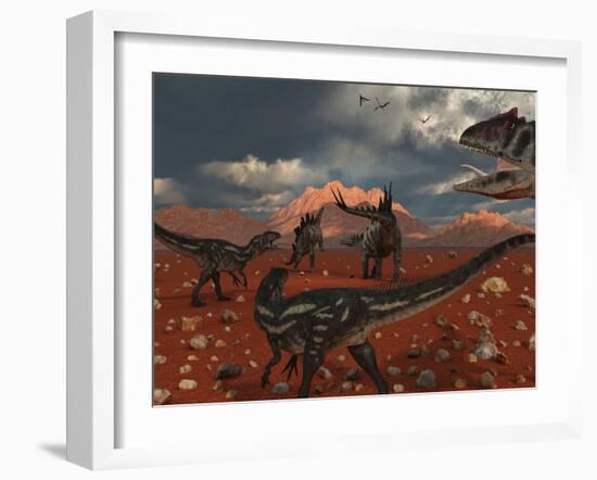 A Pack of Allosaurus Dinosaurs Track Down a Pair of Stegosaurus-Stocktrek Images-Framed Photographic Print