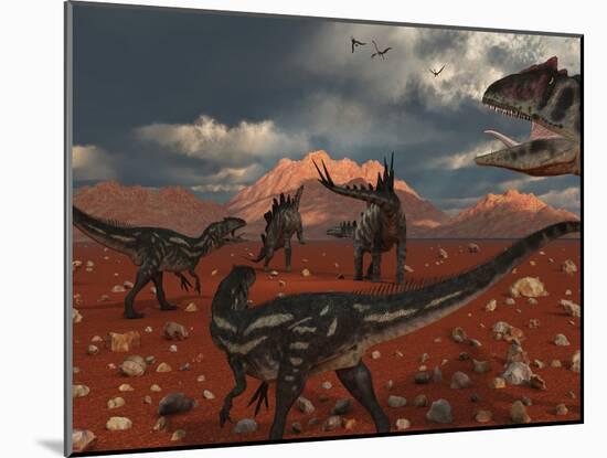 A Pack of Allosaurus Dinosaurs Track Down a Pair of Stegosaurus-Stocktrek Images-Mounted Photographic Print