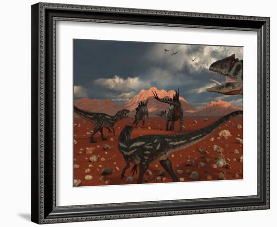 A Pack of Allosaurus Dinosaurs Track Down a Pair of Stegosaurus-Stocktrek Images-Framed Photographic Print