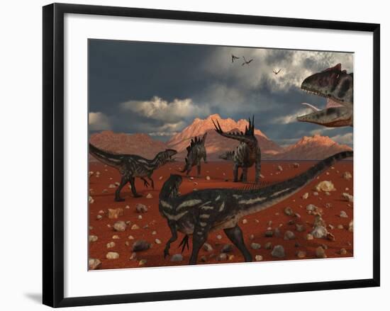 A Pack of Allosaurus Dinosaurs Track Down a Pair of Stegosaurus-Stocktrek Images-Framed Photographic Print