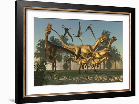 A Pack of Dilophosaurus Dinosaurs Hunting for Prey-null-Framed Art Print