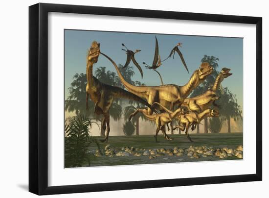 A Pack of Dilophosaurus Dinosaurs Hunting for Prey-null-Framed Art Print