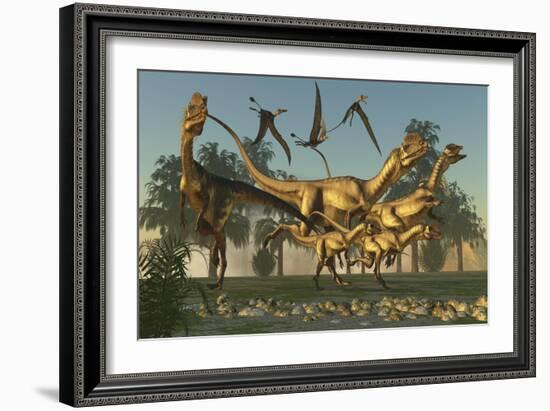 A Pack of Dilophosaurus Dinosaurs Hunting for Prey-null-Framed Art Print