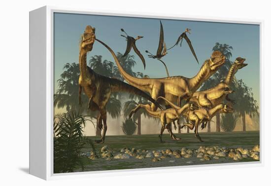 A Pack of Dilophosaurus Dinosaurs Hunting for Prey-null-Framed Stretched Canvas