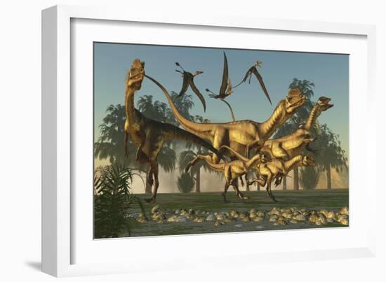 A Pack of Dilophosaurus Dinosaurs Hunting for Prey-null-Framed Premium Giclee Print