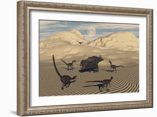 A Pack of Velociraptors Encircling a Lone Protoceratops-null-Framed Art Print