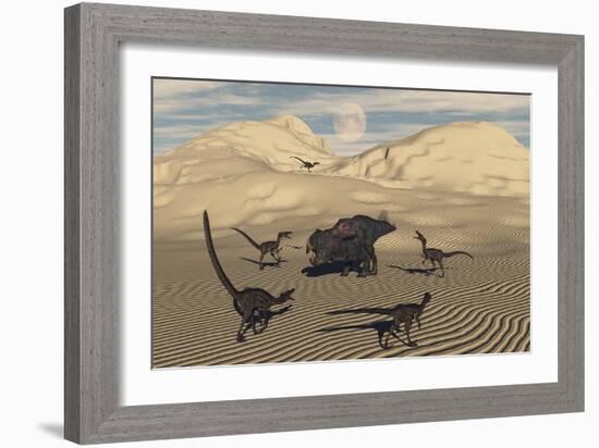 A Pack of Velociraptors Encircling a Lone Protoceratops-null-Framed Art Print