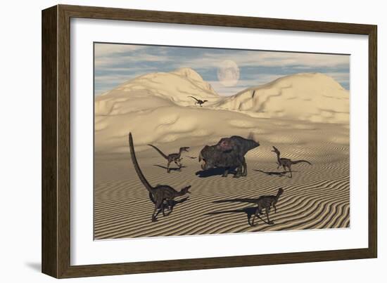 A Pack of Velociraptors Encircling a Lone Protoceratops-null-Framed Art Print