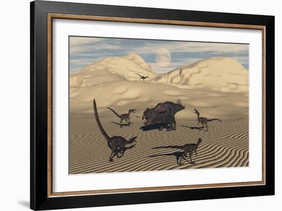 A Pack of Velociraptors Encircling a Lone Protoceratops-null-Framed Art Print