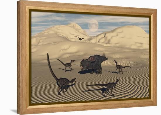 A Pack of Velociraptors Encircling a Lone Protoceratops-null-Framed Stretched Canvas