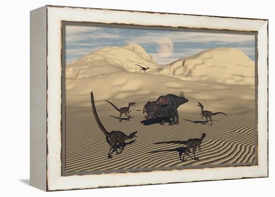 A Pack of Velociraptors Encircling a Lone Protoceratops-null-Framed Stretched Canvas