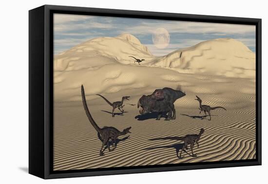 A Pack of Velociraptors Encircling a Lone Protoceratops-null-Framed Stretched Canvas