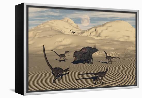 A Pack of Velociraptors Encircling a Lone Protoceratops-null-Framed Stretched Canvas