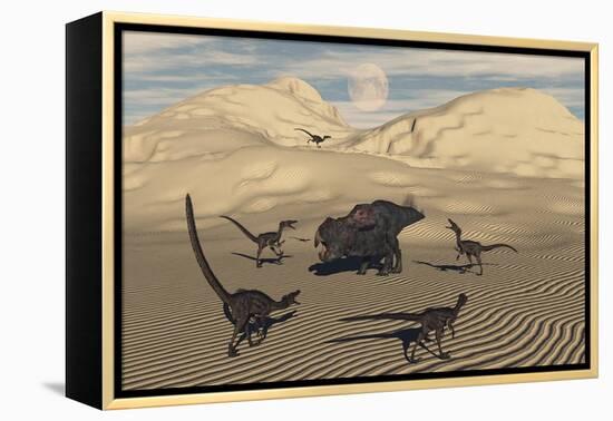 A Pack of Velociraptors Encircling a Lone Protoceratops-null-Framed Stretched Canvas