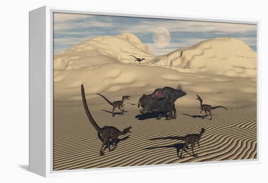 A Pack of Velociraptors Encircling a Lone Protoceratops-null-Framed Stretched Canvas