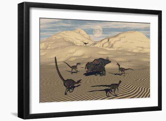 A Pack of Velociraptors Encircling a Lone Protoceratops-null-Framed Premium Giclee Print