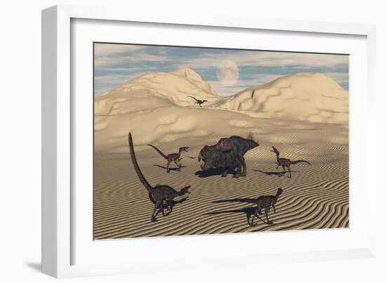 A Pack of Velociraptors Encircling a Lone Protoceratops-null-Framed Premium Giclee Print