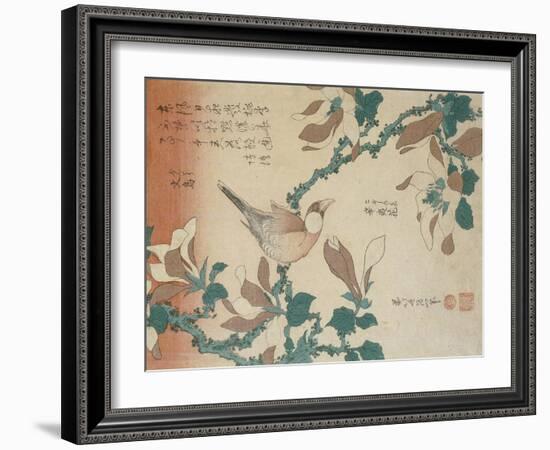 A Paddy Bird Perched on a Flowering Magnolia Branch from the Series "Small Flowers"-Katsushika Hokusai-Framed Giclee Print