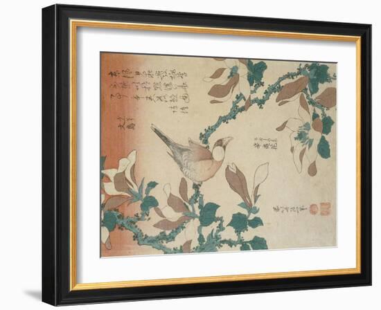 A Paddy Bird Perched on a Flowering Magnolia Branch from the Series "Small Flowers"-Katsushika Hokusai-Framed Giclee Print