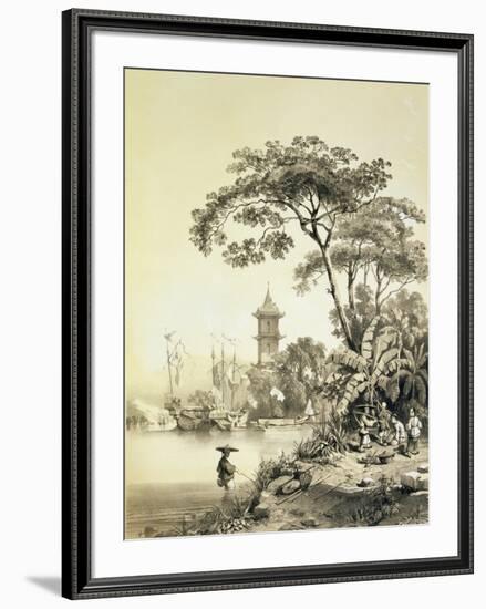 A Pagoda on the Macao-Canton Canal, Plate 21 from 'Sketches of China', Engraved by Eugene Ciceri-Auguste Borget-Framed Giclee Print